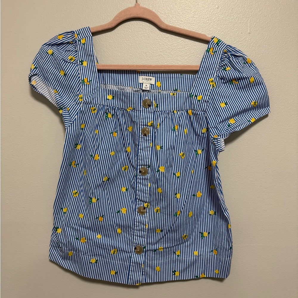 J. Crew Lemon-print square-neck button-front top in stretch cotton poplin - Picture 2 of 7